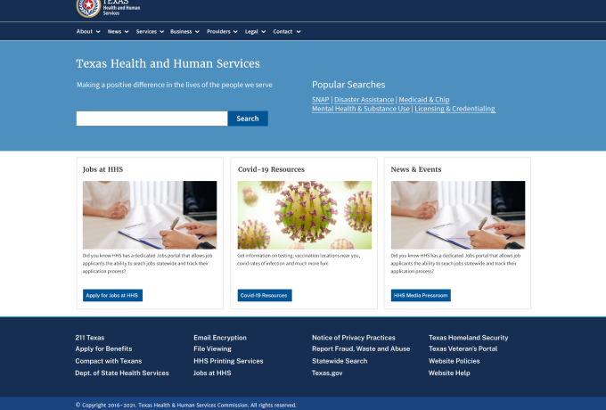 Texas HHS Homepage Version Eleventy-three